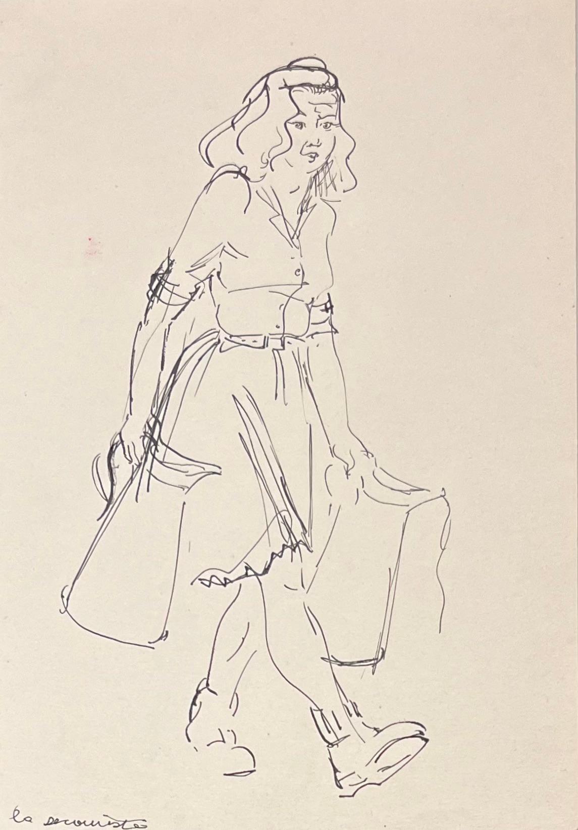 Josine Vignon Figurative Art - Mid Century French Ink Illustration of a Woman Carrying a Jug and Bags