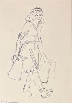 Ilustración en tinta francesa de mediados de siglo de una mujer llevando una jarra y bolsas