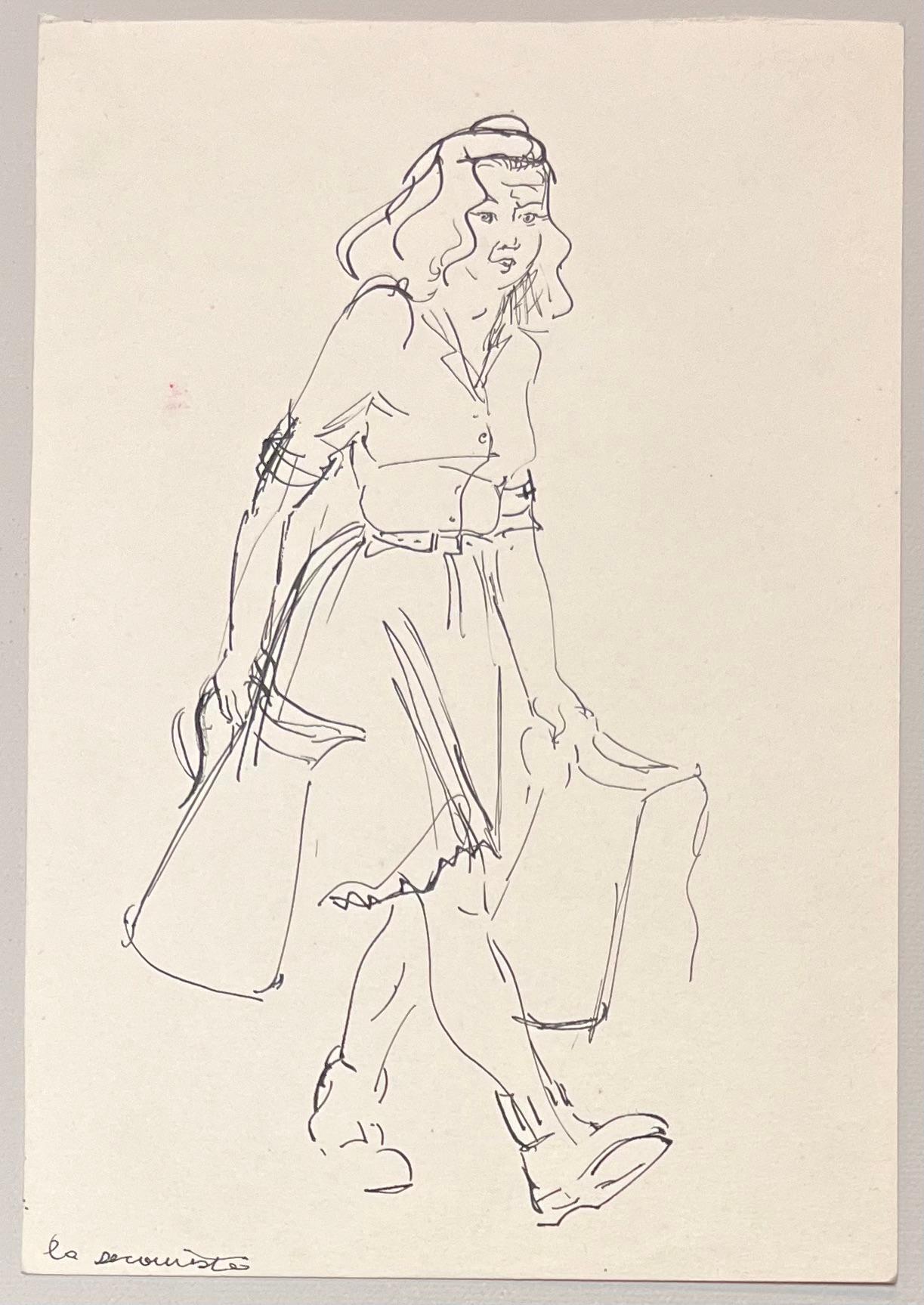 Mid Century French Ink Illustration of a Woman Carrying a Jug and Bags - Art by Josine Vignon
