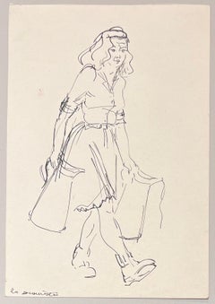 Illustration française du milieu du siècle dernier représentant une femme portant une cruche et des sacs