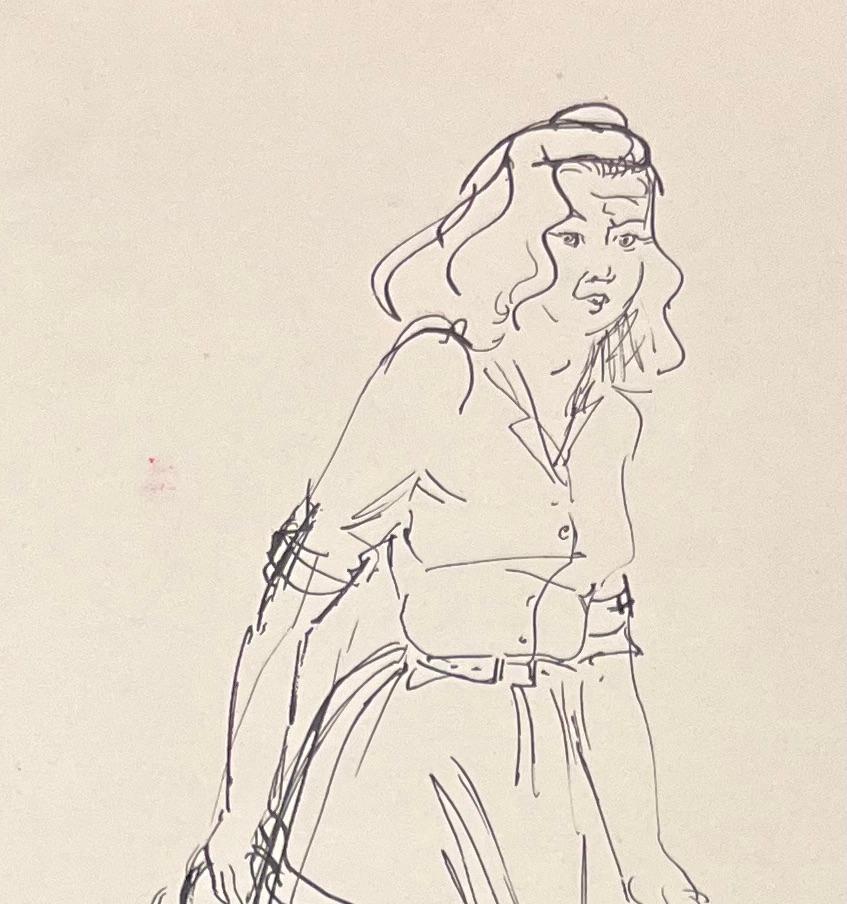 Mid Century French Ink Illustration of a Woman Carrying a Jug and Bags - Post-Impressionist Art by Josine Vignon