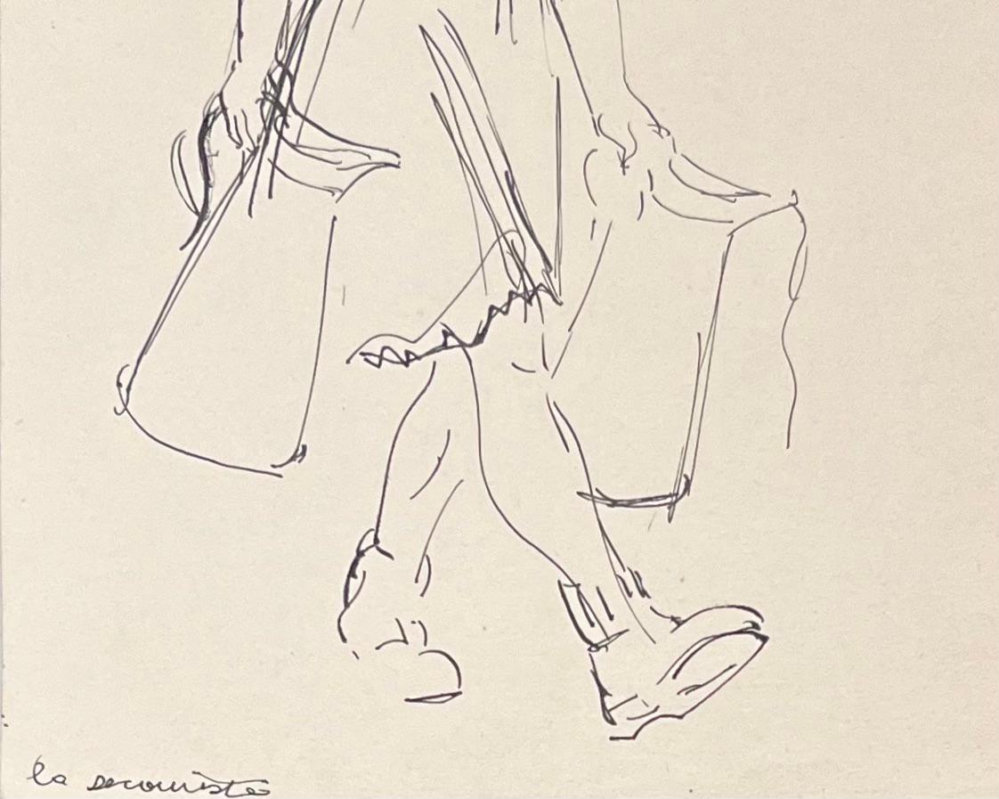 Mid Century French Ink Illustration of a Woman Carrying a Jug and Bags - Beige Figurative Art by Josine Vignon