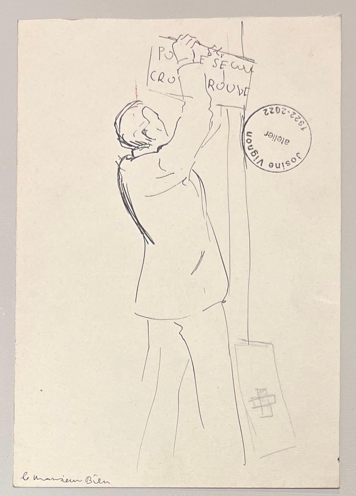 Mid Century French Ink Illustration of a Woman Carrying a Jug and Bags For Sale 1