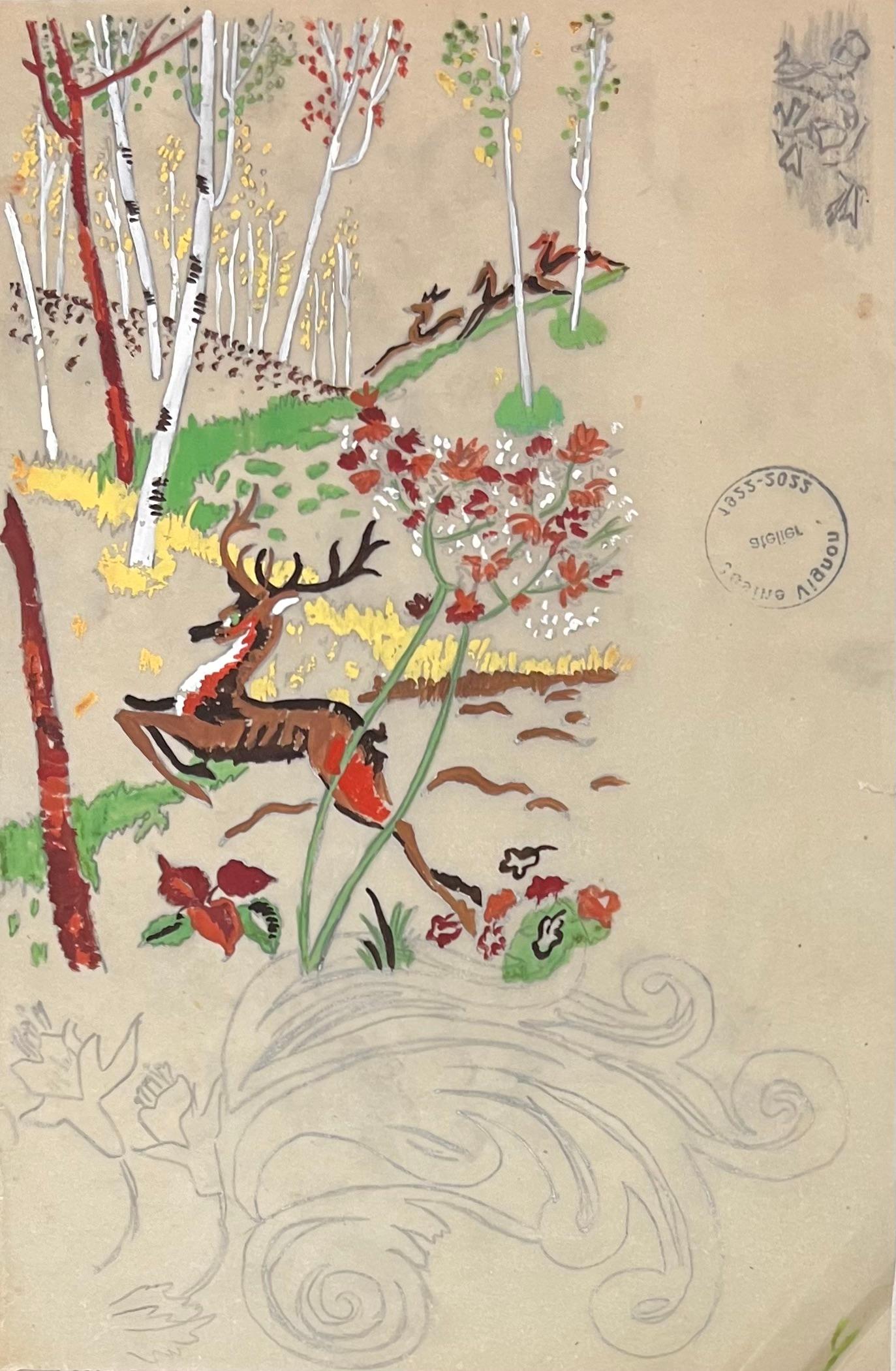 Dibujo en técnica mixta de ciervo estilizado en un bosque de abedules francés de mediados de siglo