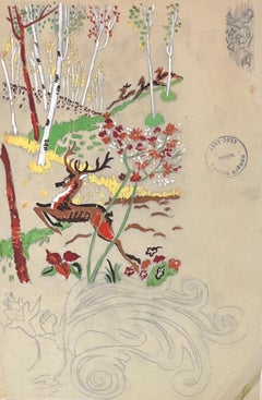 Dibujo en técnica mixta de ciervo estilizado en un bosque de abedules francés de mediados de siglo
