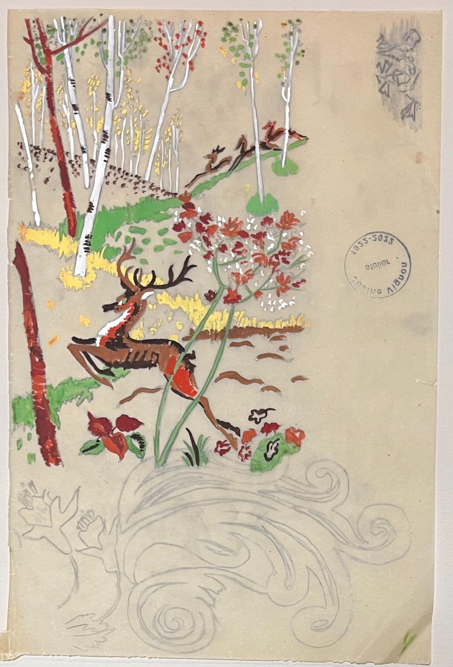 Dessin de style français du milieu du siècle, cerf dans une forêt de bouleaux, technique mixte - Art de Josine Vignon