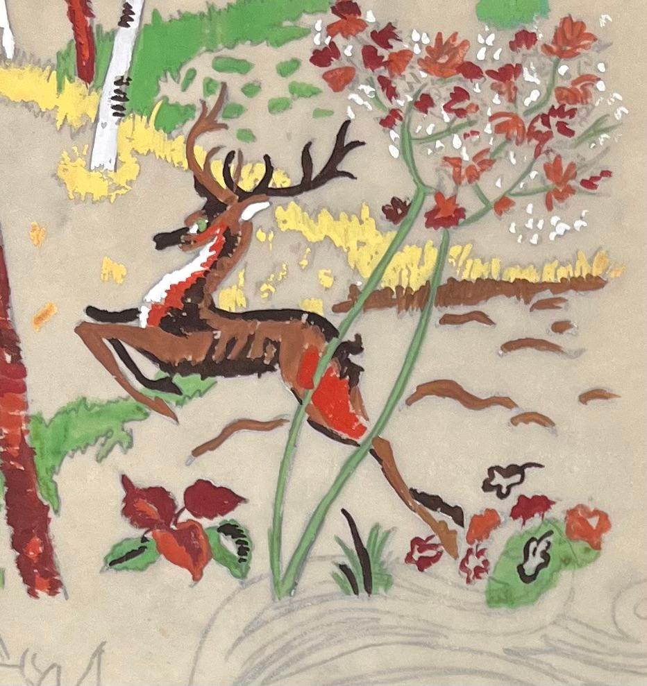 Dessin de style français du milieu du siècle, cerf dans une forêt de bouleaux, technique mixte - Post-impressionnisme Art par Josine Vignon