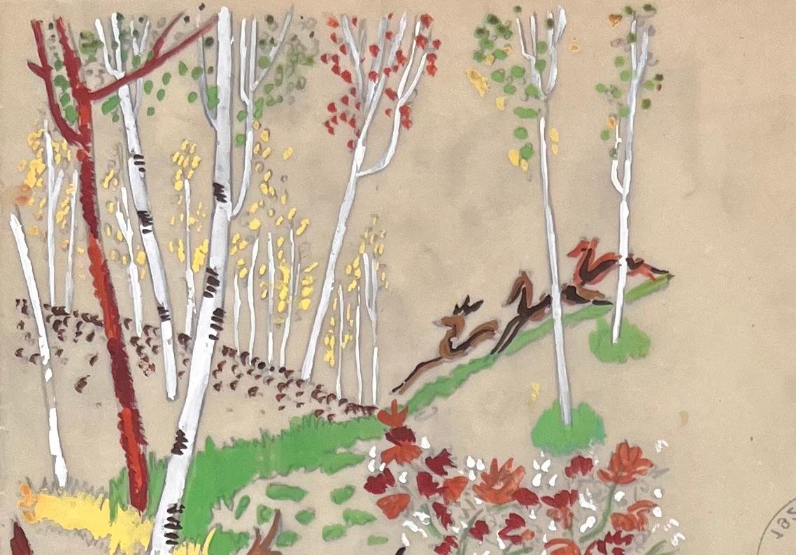 Dessin de style français du milieu du siècle, cerf dans une forêt de bouleaux, technique mixte - Beige Figurative Art par Josine Vignon