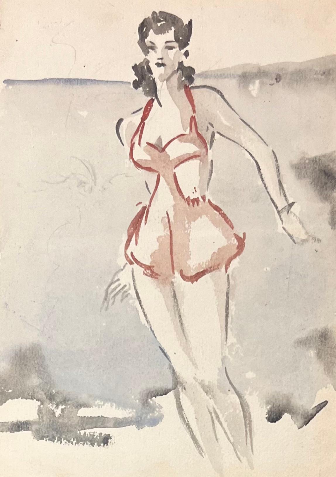 Französisches Aquarell aus der Mitte des Jahrhunderts einer Frau im Badeanzug der 1940er Jahre