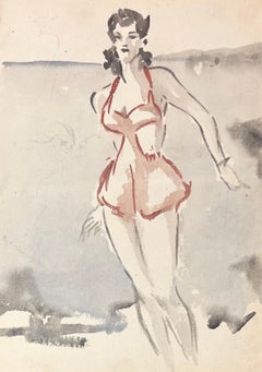 Mid Century French Watercolour of a Woman in a 1940s Style Swimsuit