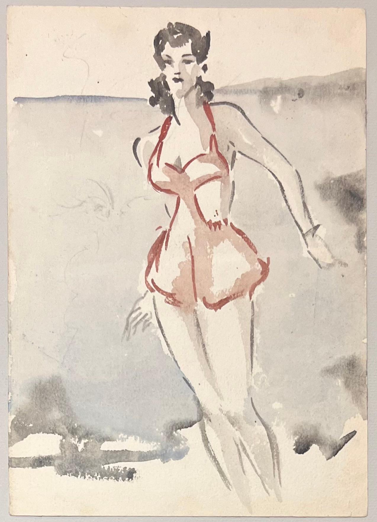 Aquarelle française du milieu du siècle représentant une femme en maillot de bain des années 1940 - Art de Josine Vignon