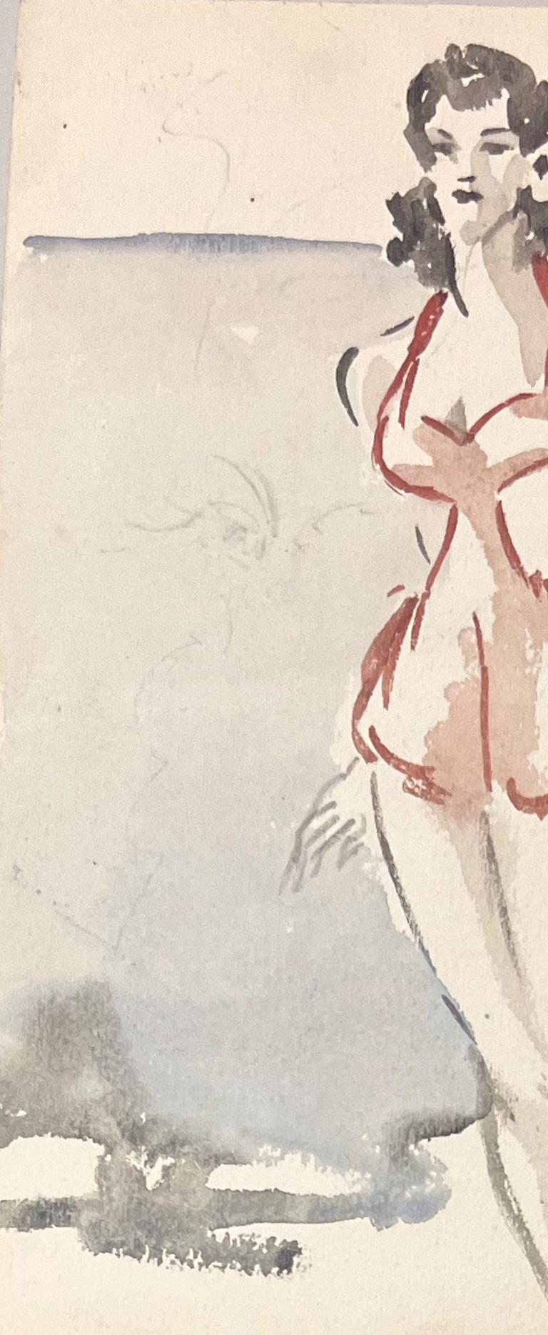 Aquarelle française du milieu du siècle représentant une femme en maillot de bain des années 1940 - Post-impressionnisme Art par Josine Vignon