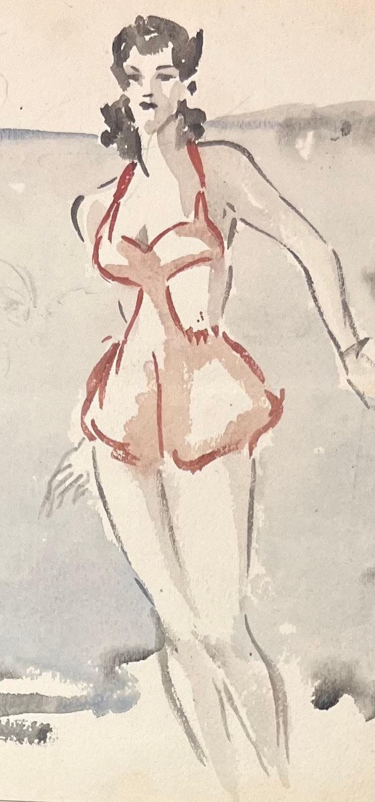 Aquarelle française du milieu du siècle représentant une femme en maillot de bain des années 1940 - Beige Figurative Art par Josine Vignon