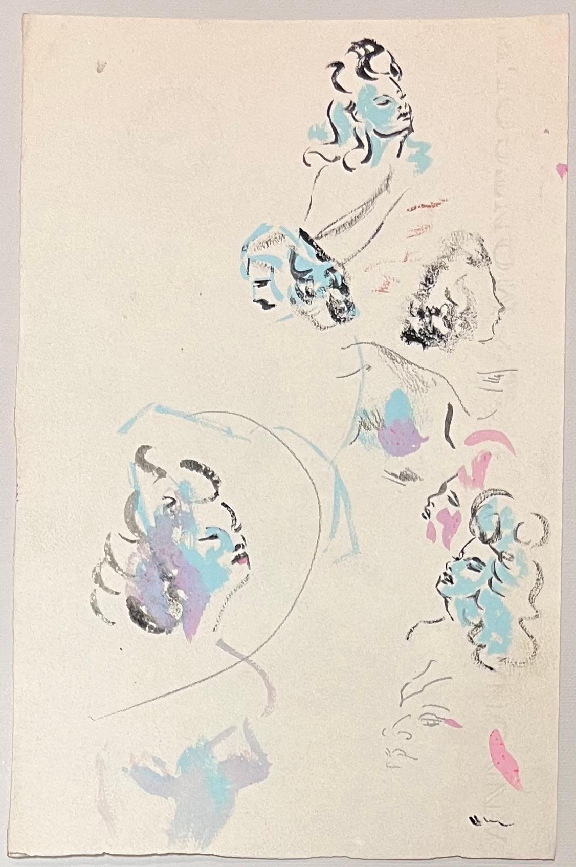 Mid Century French Ink and Oil Pastel Female Portraits in Pastel Shades - Post-Impressionist Art by Josine Vignon