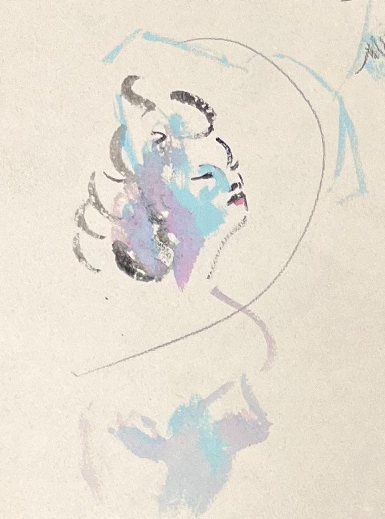 Mid Century French Ink and Oil Pastel Female Portraits in Pastel Shades 1