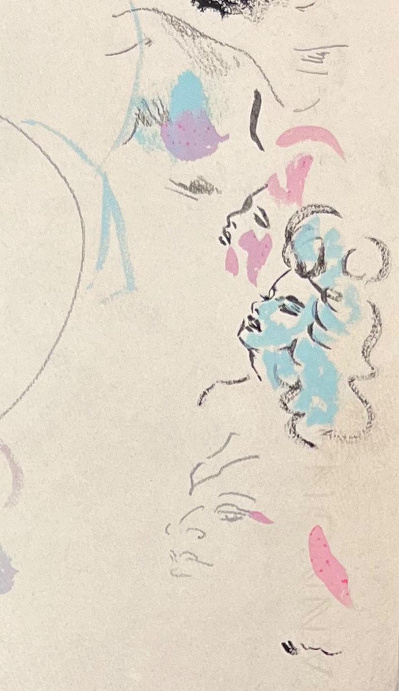 Mid Century French Ink and Oil Pastel Female Portraits in Pastel Shades 2