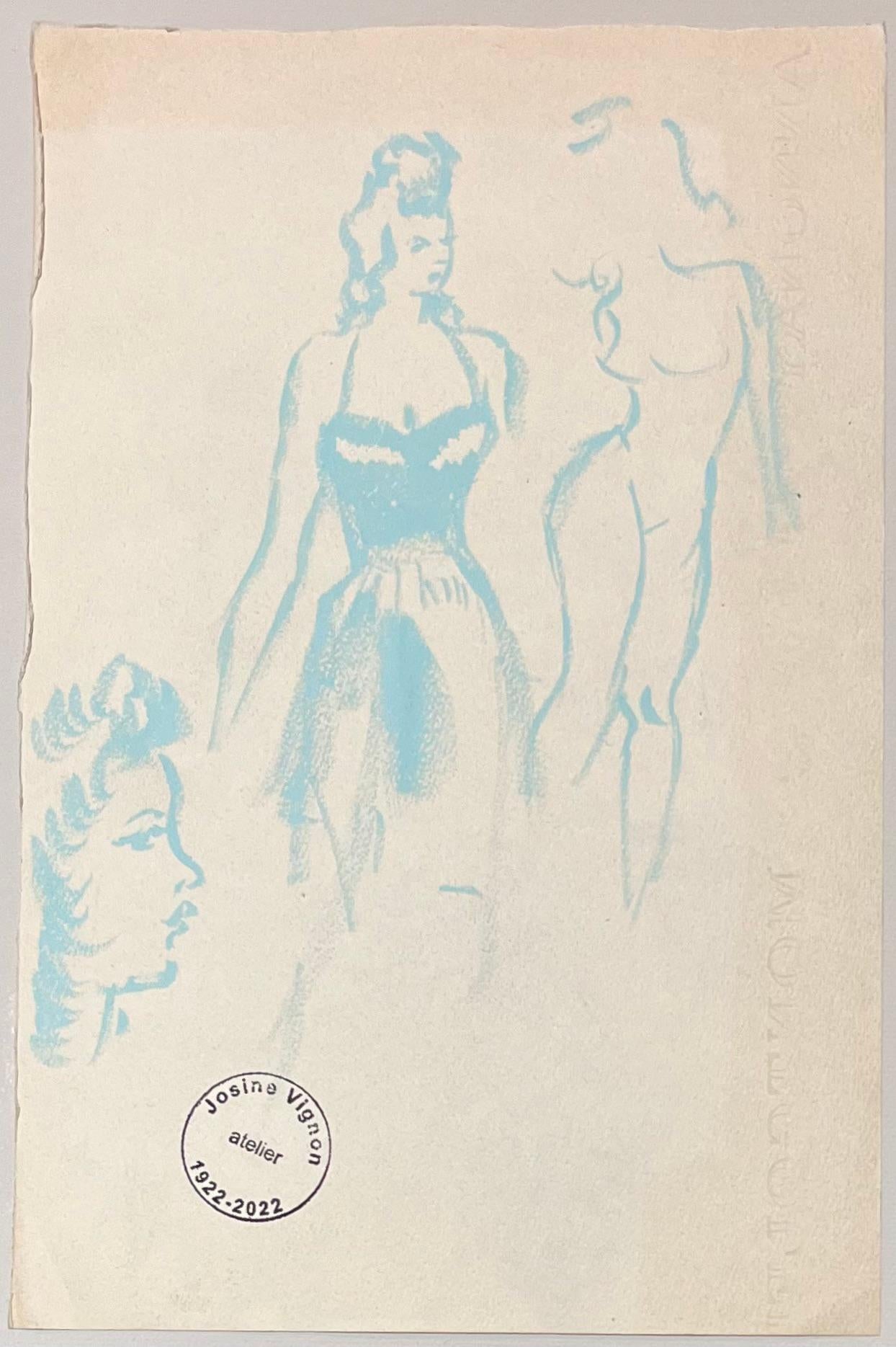 Mid Century French Ink and Oil Pastel Female Portraits in Pastel Shades 3