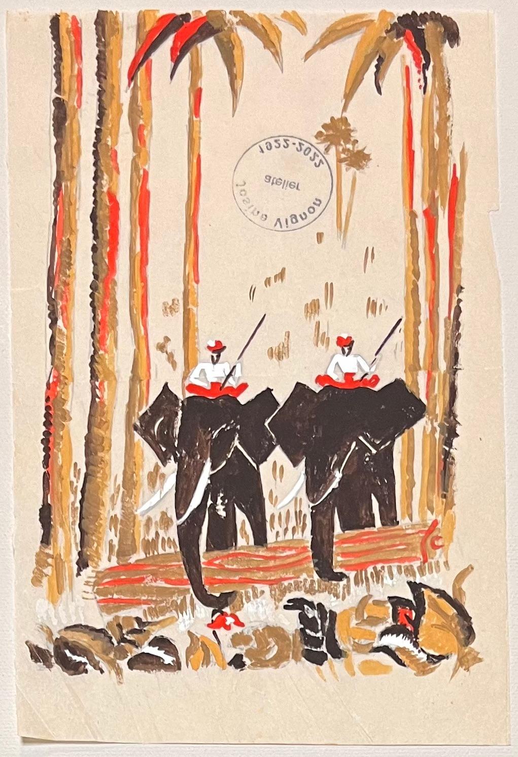 Quadro francese di metà secolo raffigurante cavalieri di elefanti in un ambiente tropicale - Art di Josine Vignon