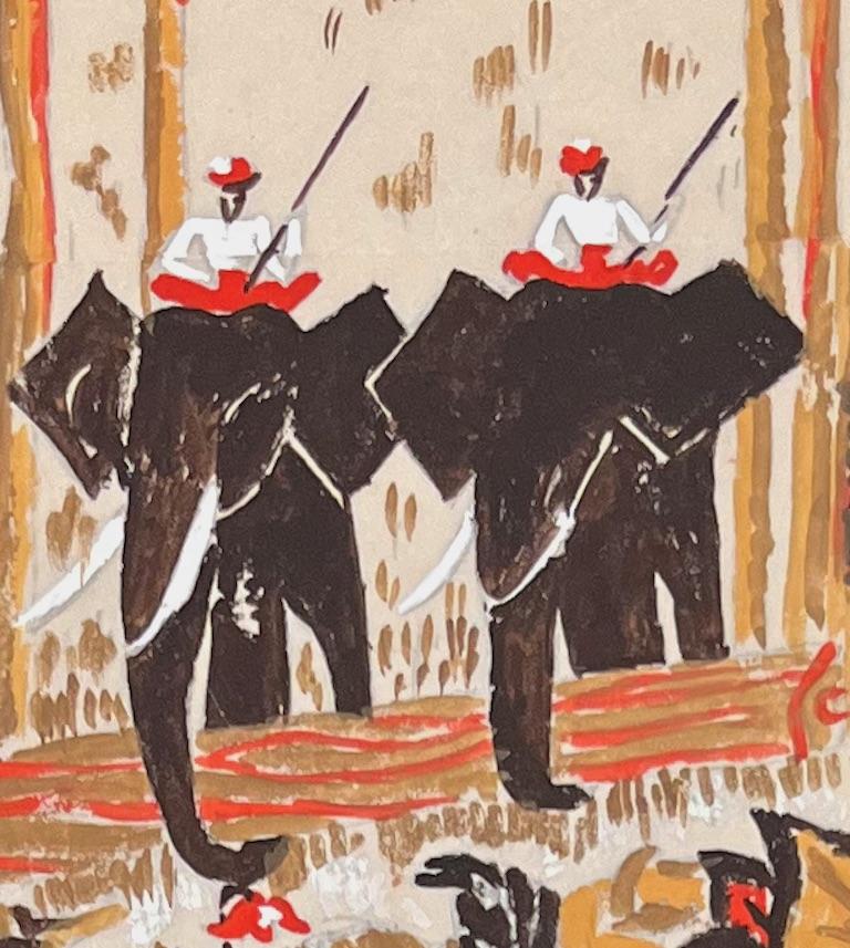 Quadro francese di metà secolo raffigurante cavalieri di elefanti in un ambiente tropicale - Art Postimpressionismo di Josine Vignon