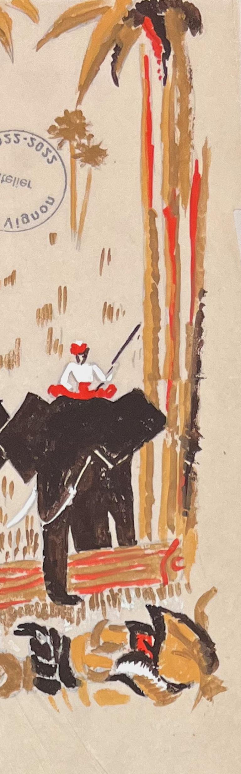 Titolo: Quadro francese di metà secolo raffigurante cavalieri di elefanti in un ambiente tropicale

Artista: Josine Vignon (francese, 1922-2022)

Mezzo: Matita, acrilico e carta da lucido

Dimensioni: 8,25 (altezza) x 5,25 (larghezza)

Timbrato:
