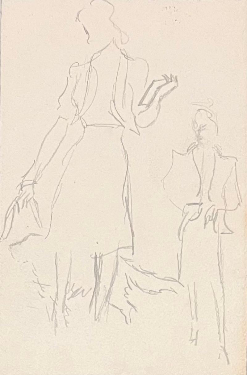 Josine Vignon Figurative Art – Französische minimalistische Illustration aus der Mitte des Jahrhunderts von zwei Frauen, die einen Hund ausführen