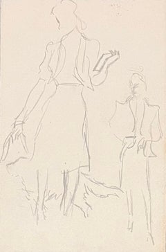 Mid Century French Minimalist Illustration of a Two Women Walking a Dog