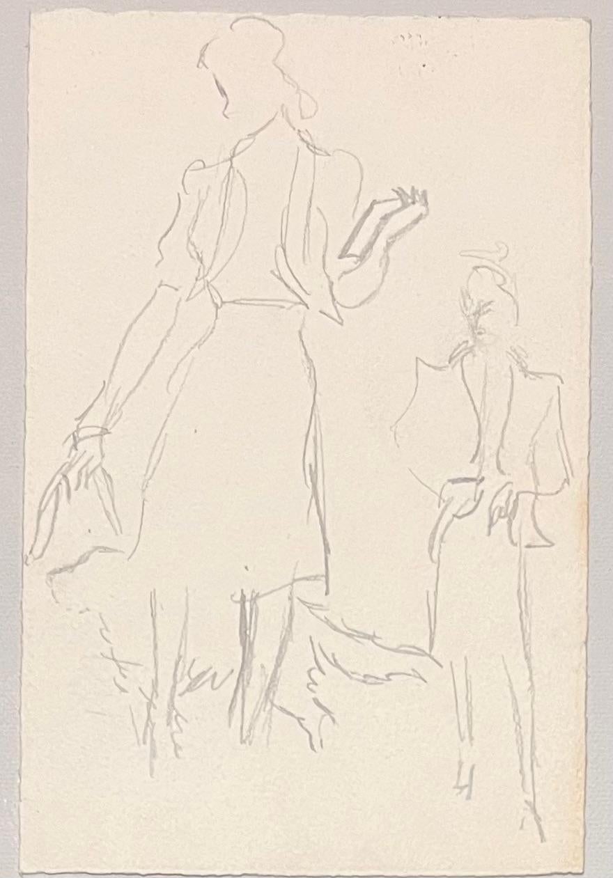 Französische minimalistische Illustration aus der Mitte des Jahrhunderts von zwei Frauen, die einen Hund ausführen – Art von Josine Vignon