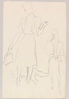 Französische minimalistische Illustration aus der Mitte des Jahrhunderts von zwei Frauen, die einen Hund ausführen