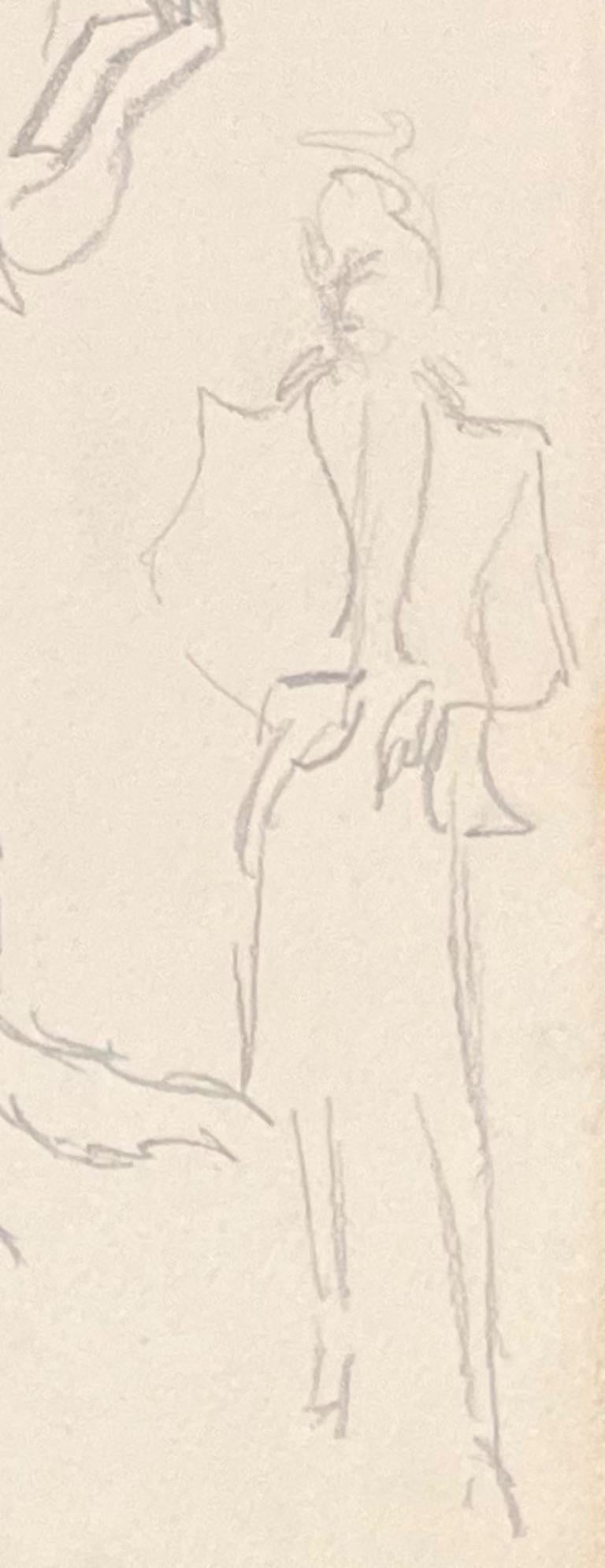 Französische minimalistische Illustration aus der Mitte des Jahrhunderts von zwei Frauen, die einen Hund ausführen (Weiß), Figurative Art, von Josine Vignon