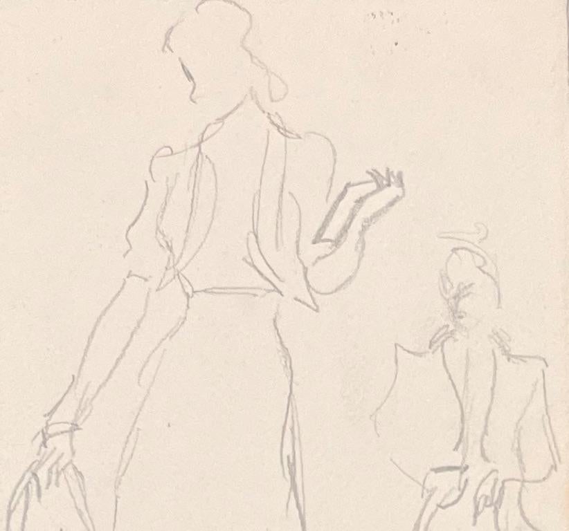 Titel: Französische Minimalismus-Illustration aus der Mitte des Jahrhunderts: Zwei Frauen gehen mit einem Hund spazieren

Künstlerin: Josine Vignon (Französisch 1922-2022)

Medium: Bleistift und Papier

Größe: 6,75 (Höhe) x 4,5 (Breite)

Gestempelt: