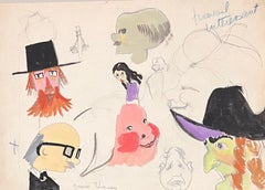 Josine Vignon - Mid Century French Mixed Media Illustrations of Various Characters Mid Century French Mixed Media Illustrations of Various Characters