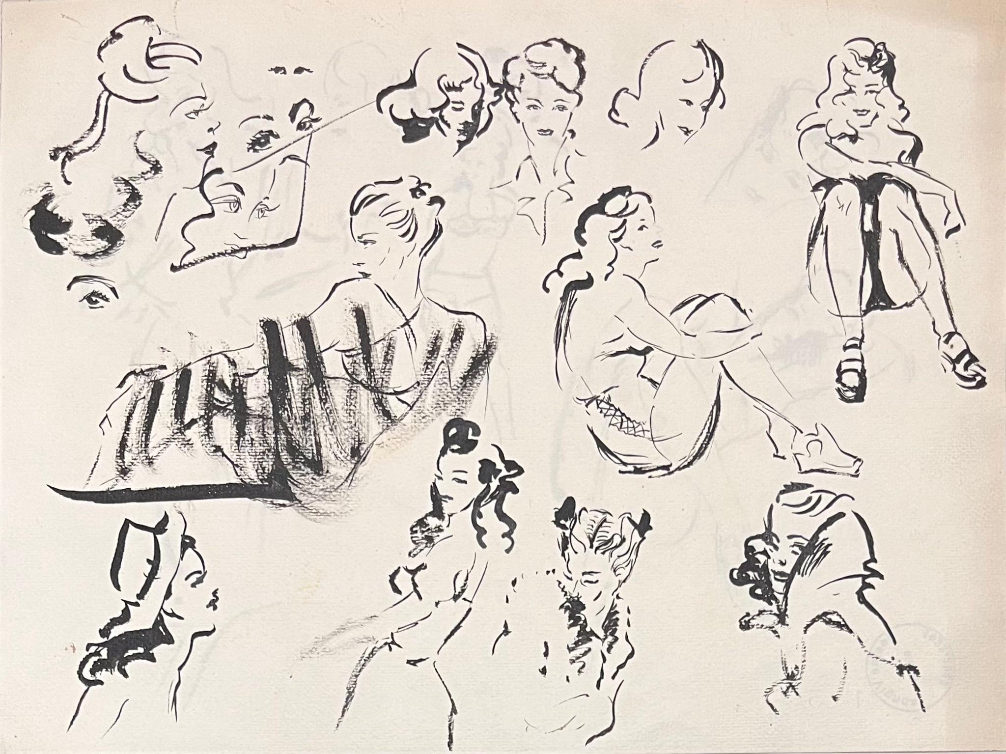 Figurative Art di Josine Vignon - Schizzi a inchiostro francese della metà del secolo scorso di donne in varie pose