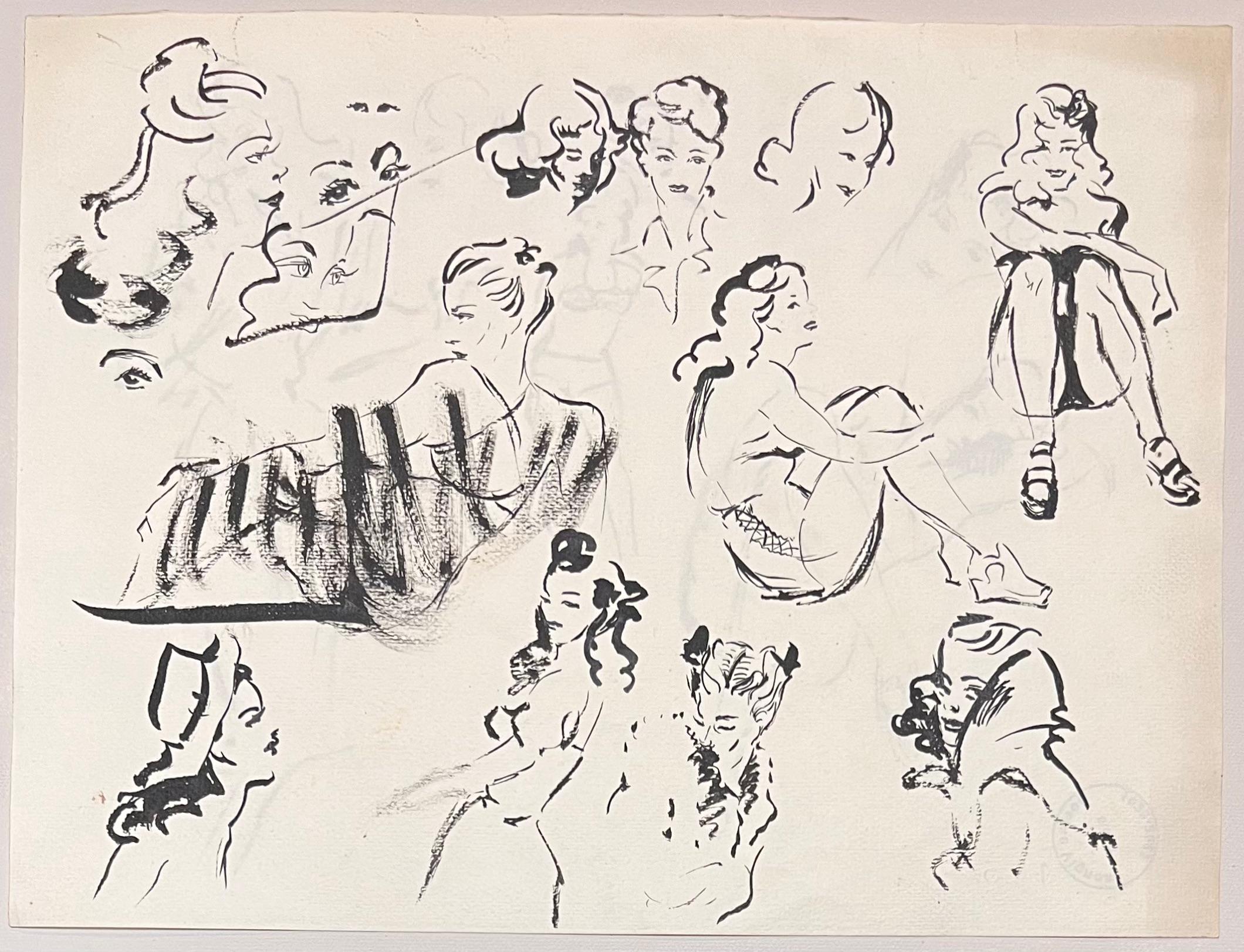 Schizzi a inchiostro francese della metà del secolo scorso di donne in varie pose - Art di Josine Vignon