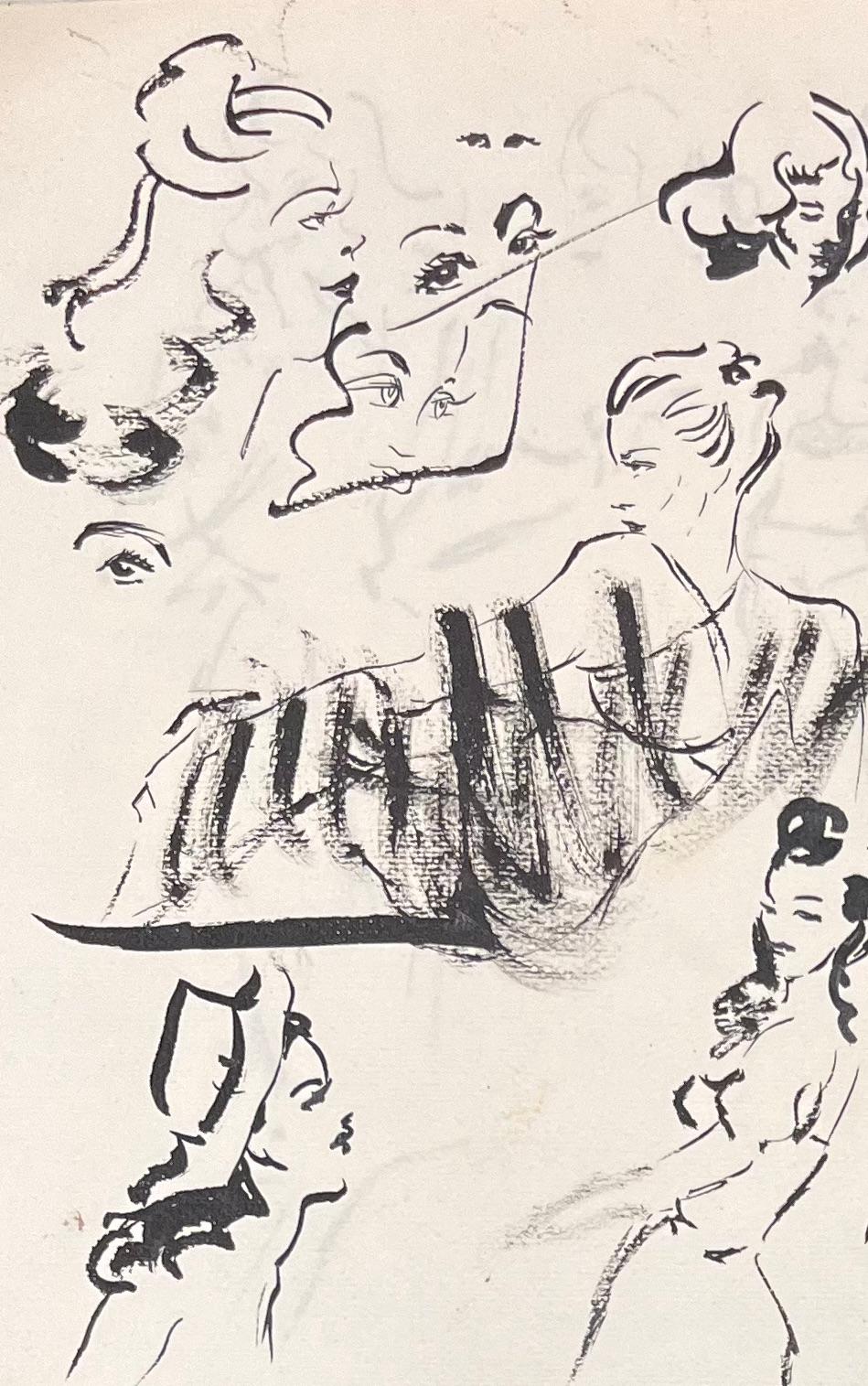 Schizzi a inchiostro francese della metà del secolo scorso di donne in varie pose - Art Postimpressionismo di Josine Vignon