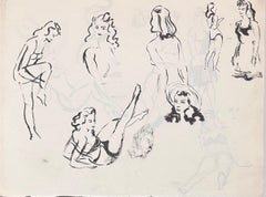 Schizzi a inchiostro francese della metà del secolo scorso di donne in varie pose