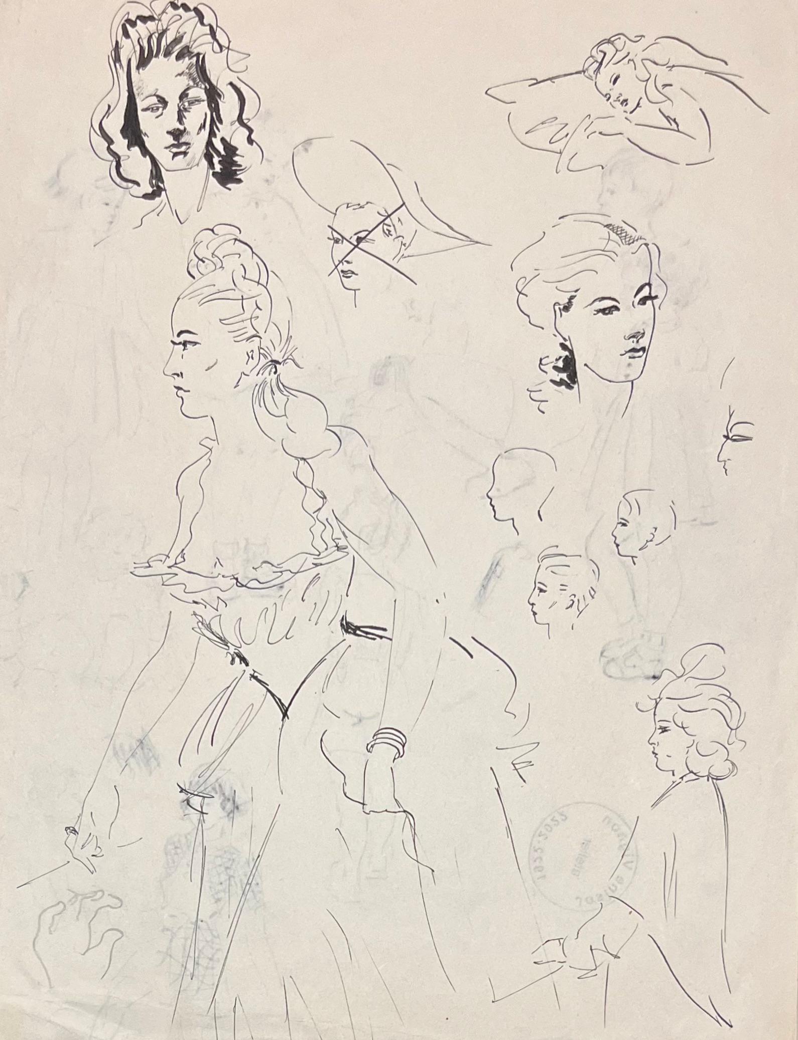 Figurative Art di Josine Vignon - Schizzi a inchiostro francese di metà secolo di donne in abiti eleganti