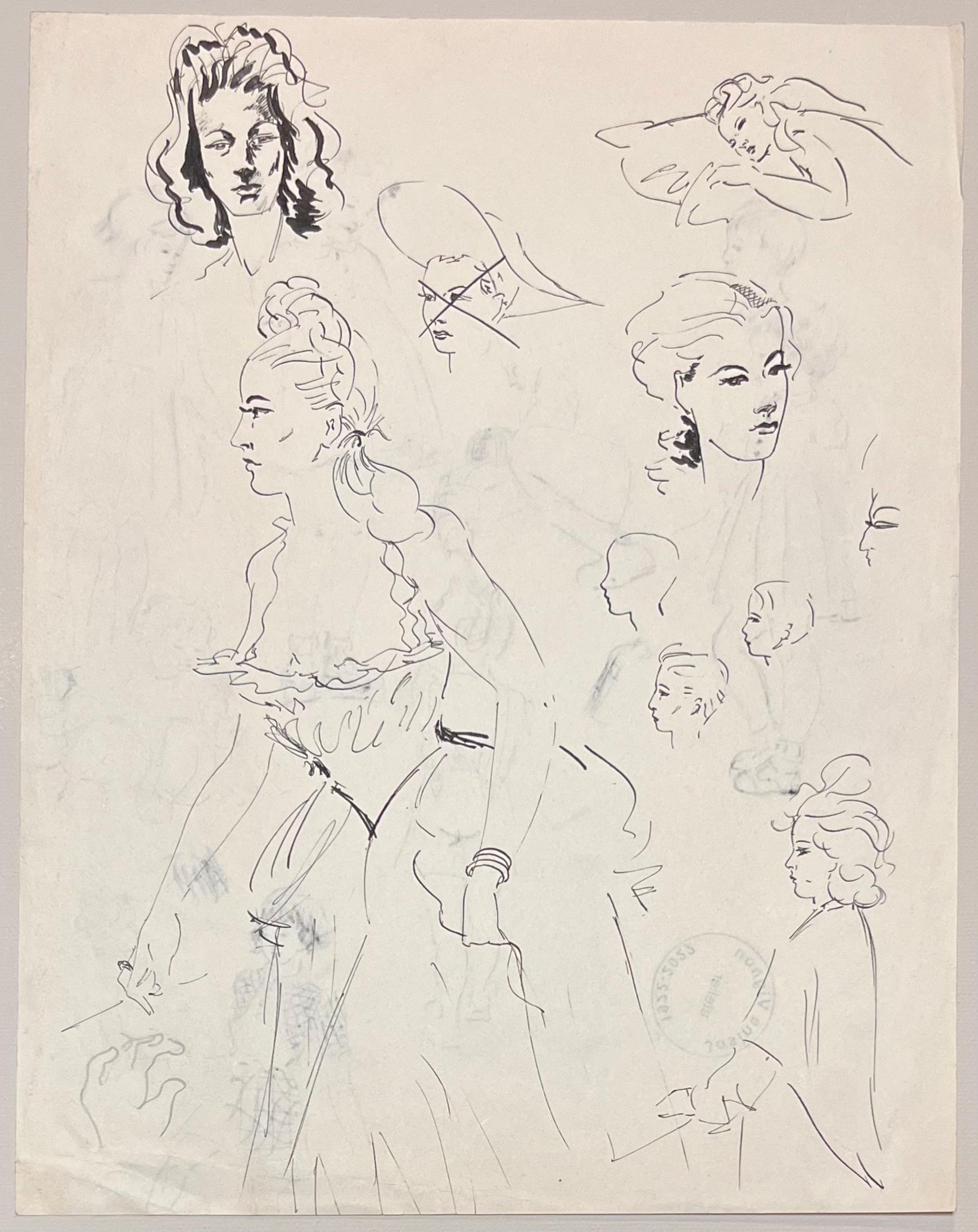 Schizzi a inchiostro francese di metà secolo di donne in abiti eleganti - Art di Josine Vignon
