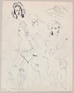 Französische Tuscheskizzen von Frauen in eleganter Kleidung aus der Mitte des Jahrhunderts