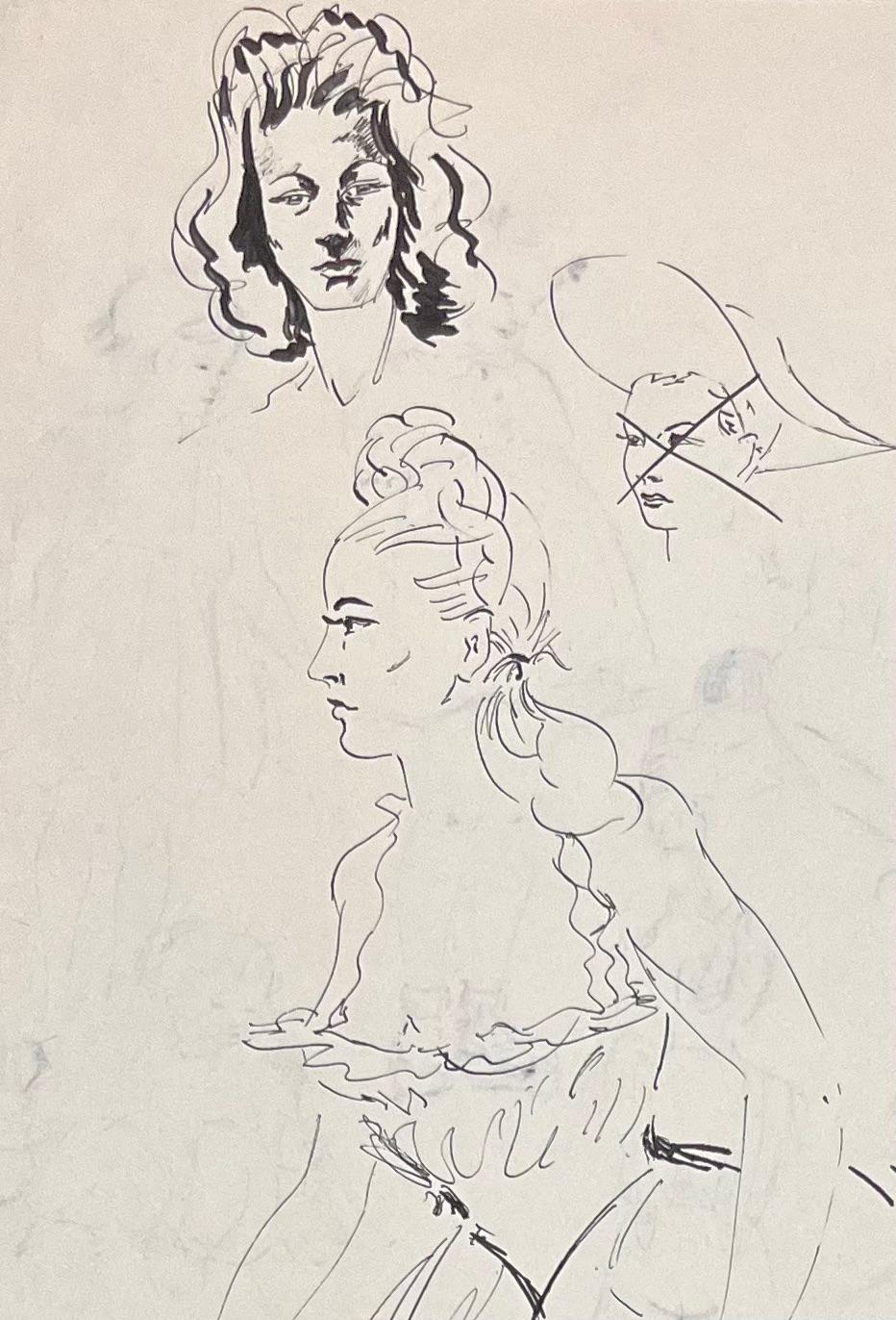 Schizzi a inchiostro francese di metà secolo di donne in abiti eleganti - Art Postimpressionismo di Josine Vignon