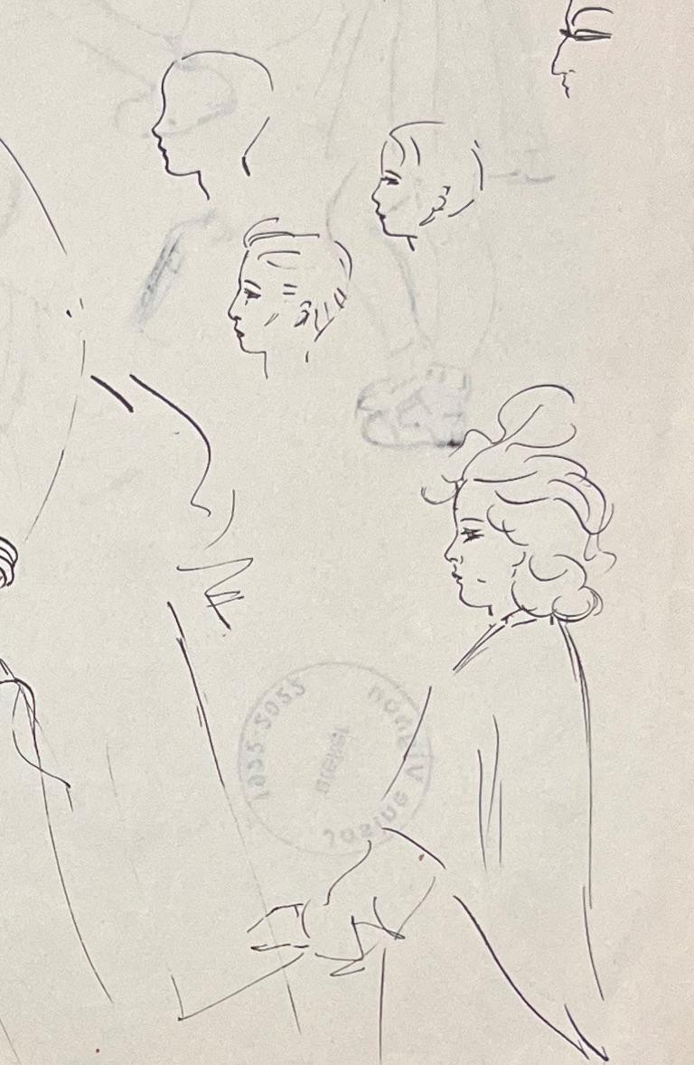 Schizzi a inchiostro francese di metà secolo di donne in abiti eleganti in vendita 1