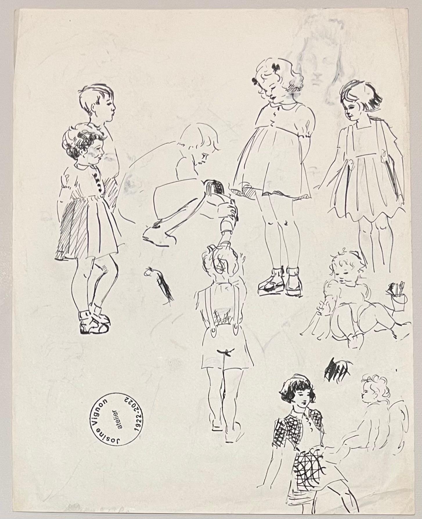 Schizzi a inchiostro francese di metà secolo di donne in abiti eleganti in vendita 2