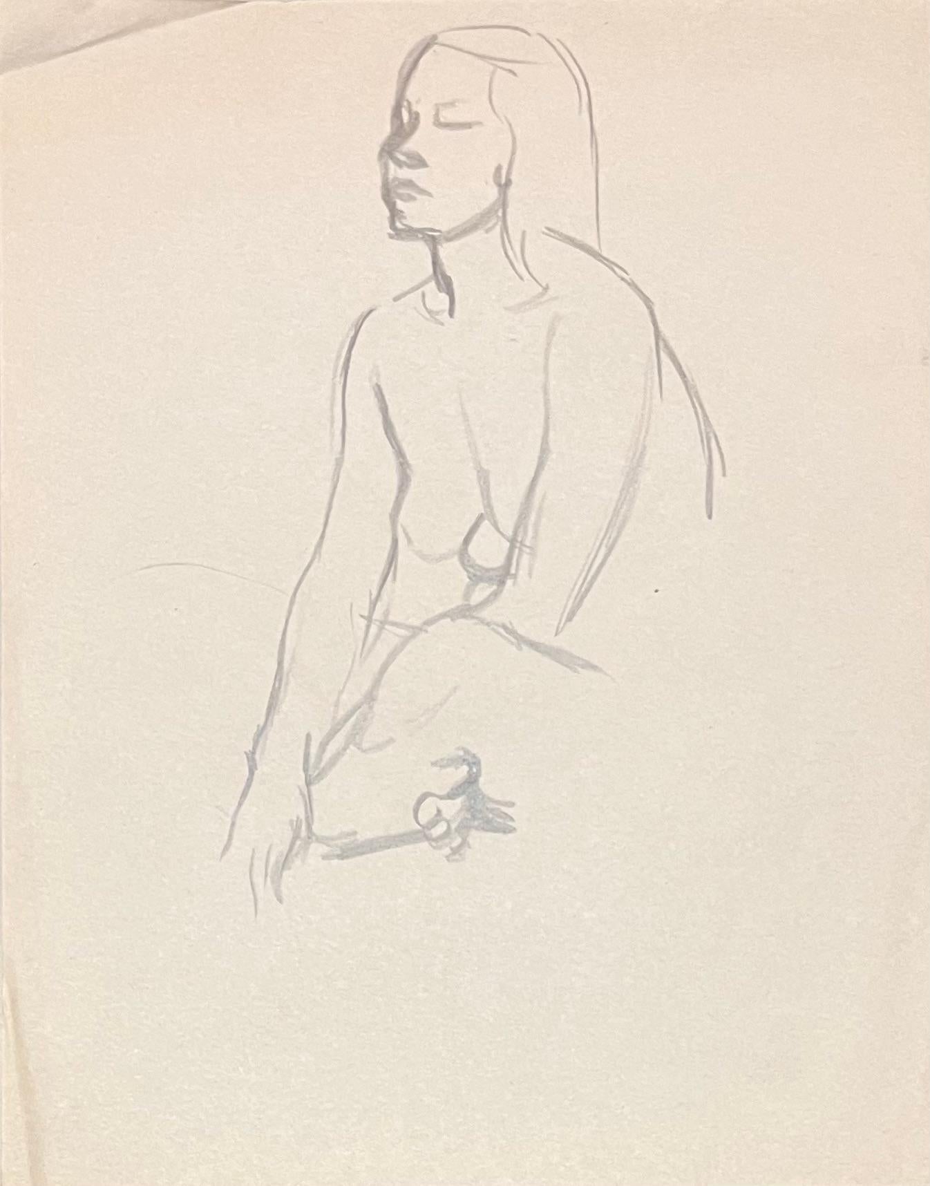 Studio a matita di un nudo femminile seduto della metà del secolo scorso in Francia - Art di Josine Vignon