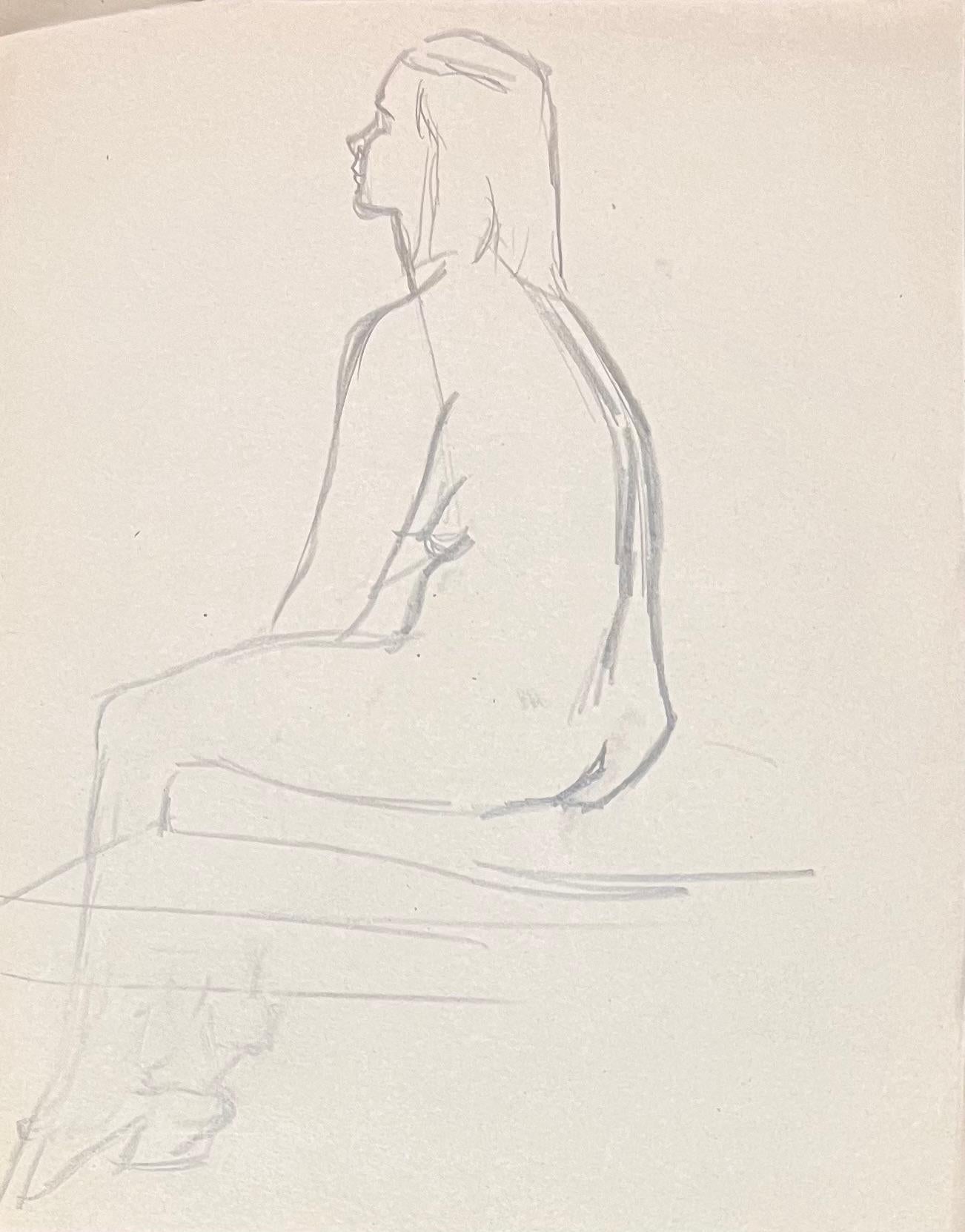 Josine Vignon Figurative Art - Mid Century French Pencil Profile Study of a Seated Female Nude