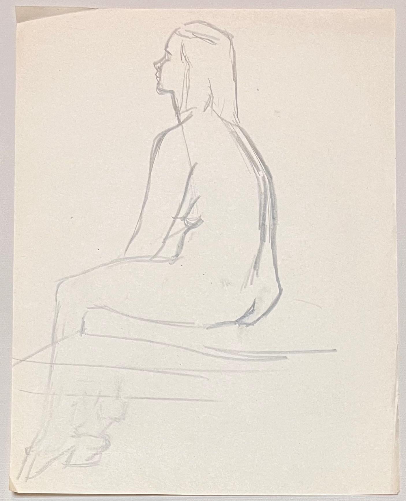 Mid Century French Pencil Profile Study of a Seated Female Nude - Art by Josine Vignon