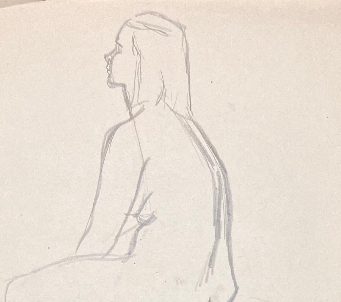 Mid Century French Pencil Profile Study of a Seated Female Nude - Post-Impressionist Art by Josine Vignon