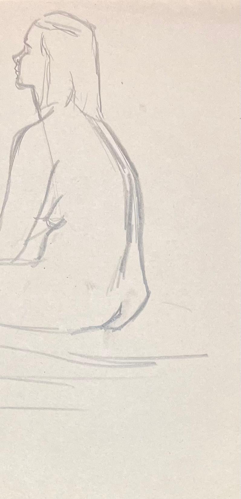 Mid Century French Pencil Profile Study of a Seated Female Nude - Beige Figurative Art by Josine Vignon