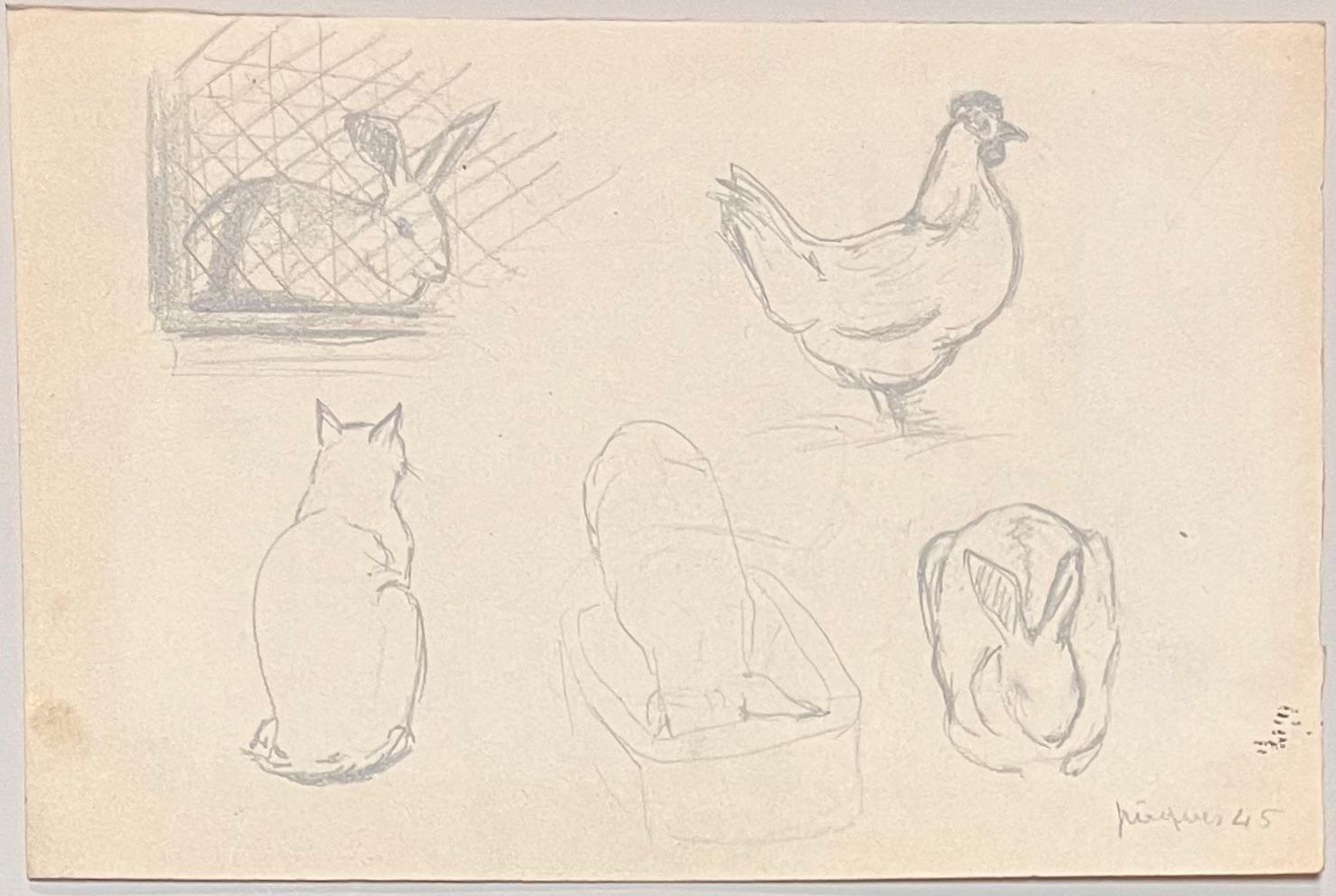 Estudio francés a lápiz de varios animales de mediados de siglo - Art de Josine Vignon