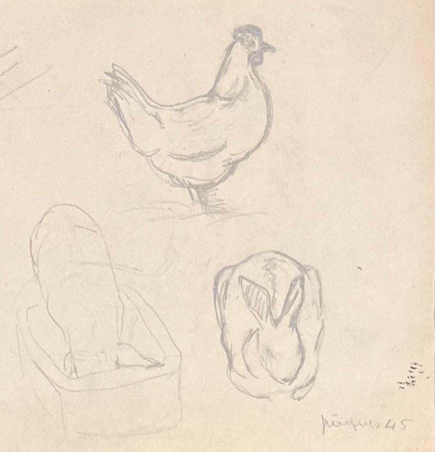 Estudio francés a lápiz de varios animales de mediados de siglo - Figurative Art Blanco de Josine Vignon