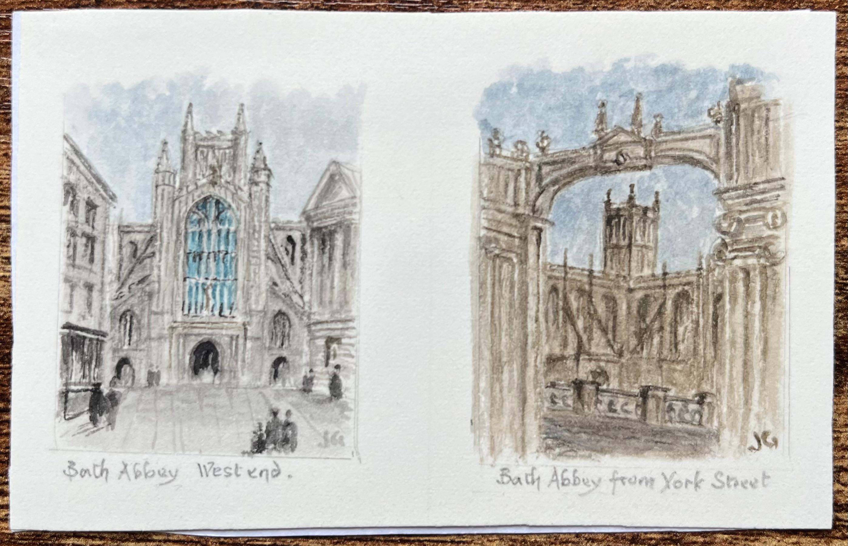 Pinturas en acuarela en miniatura de la Abadía de Bath West End y York Street View - Painting de Jack Grunwell