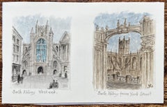 Miniature Watercolor Paintings of Bath Abbey West End and York Street View
